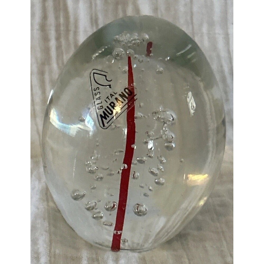Murano Italy Paperweight Egg Controlled Bubbles Red Swirl 3 3/8" Sticker
